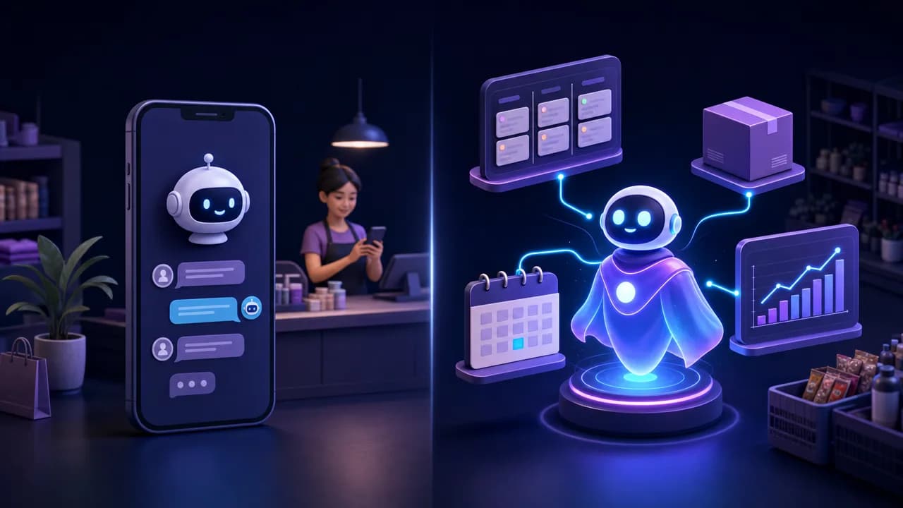 ภาพเปรียบเทียบแชทบอทที่ตอบข้อความในหน้าจอเดียว กับ AI Agent ที่เชื่อมต่อเครื่องมือหลายอย่างเพื่อทำงานให้ธุรกิจไทย