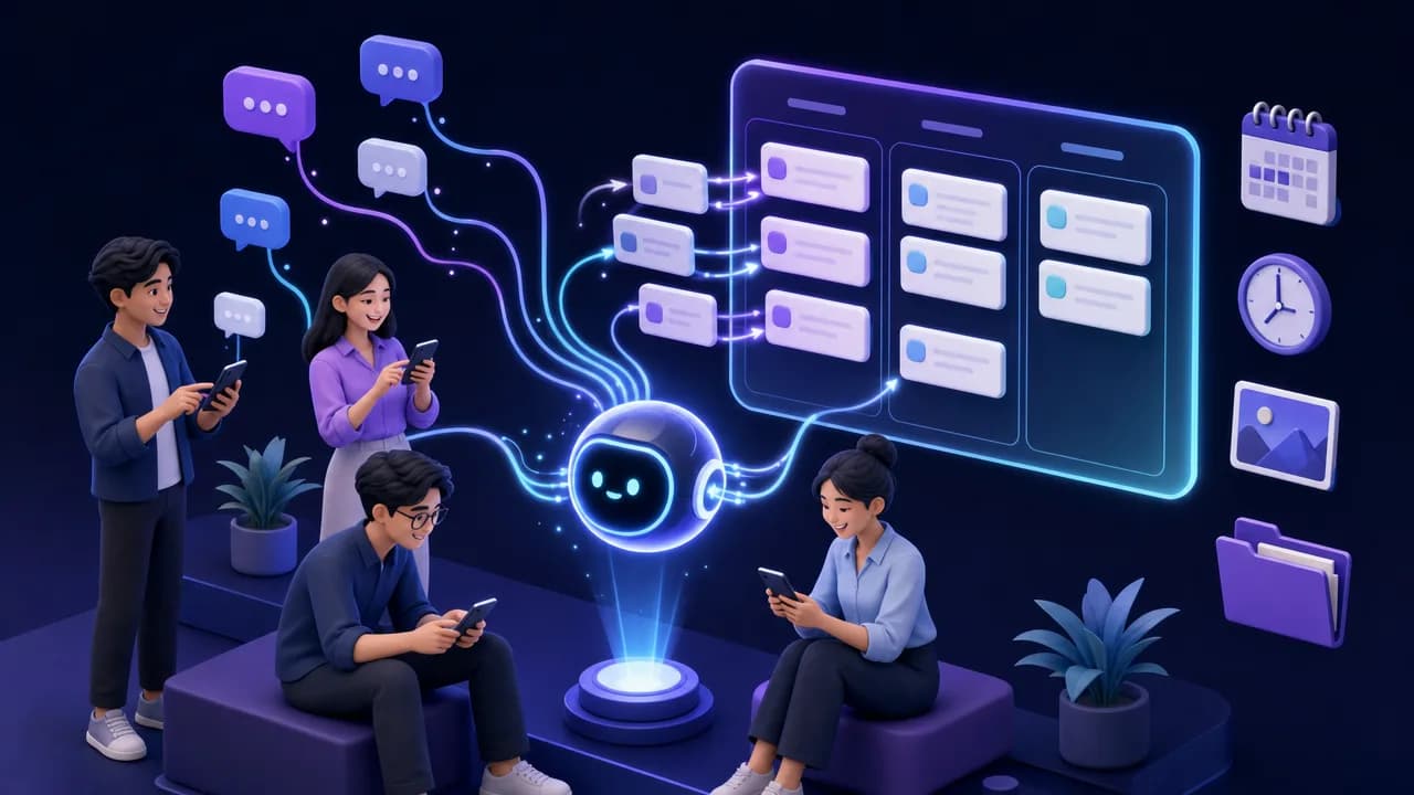 ทีมงานร้านค้าไทยคุยงานในกลุ่มแชท โดยมีผู้ช่วย AI เปลี่ยนข้อความเป็นการ์ดงานบนบอร์ด