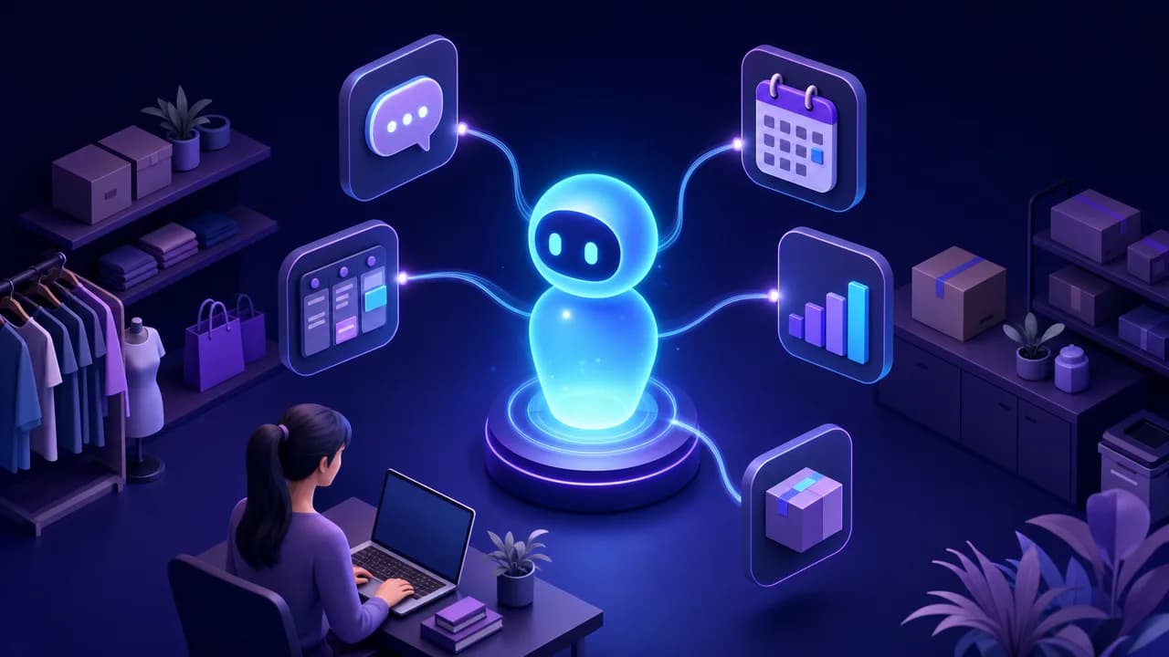 ภาพประกอบ AI Agent ผู้ช่วยดิจิทัลที่เชื่อมต่อกับเครื่องมือทำงานหลายอย่างของร้านค้าออนไลน์ไทย ทั้งแชท ตารางงาน และรายงาน