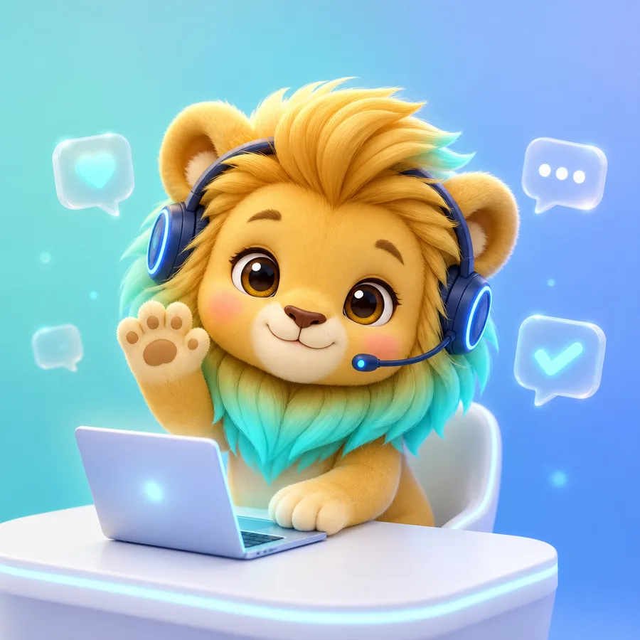 น้อง Corty ลูกสิงโตน้อยใส่หูฟัง ผู้ช่วย AI ของ CORTEX กำลังโบกมือทักทาย